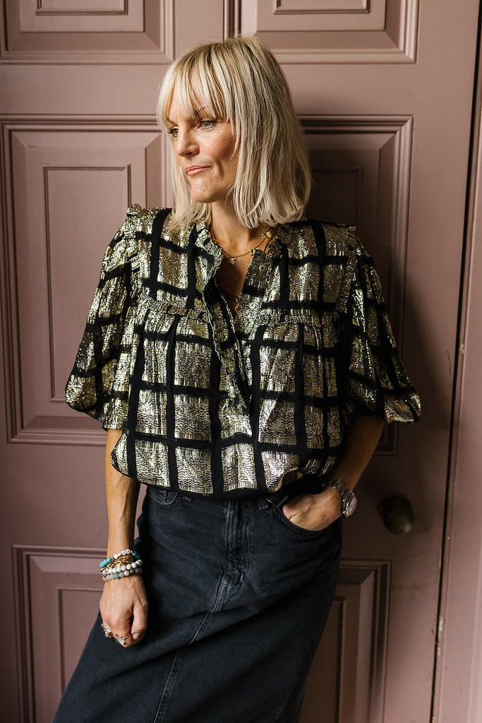 Gold and Black Square Print Patsy Puff Sleeve Blouse