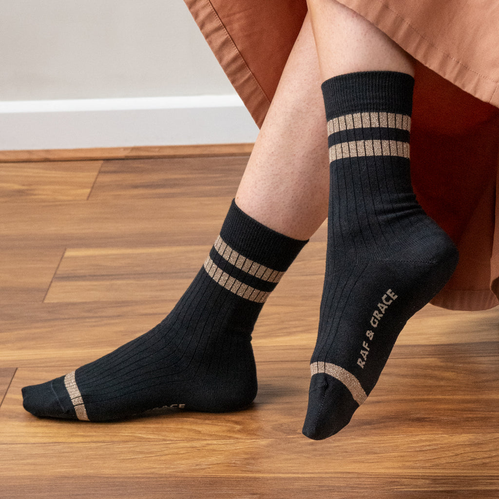 Luxe Cotton Ribbed Socks Black & Gold