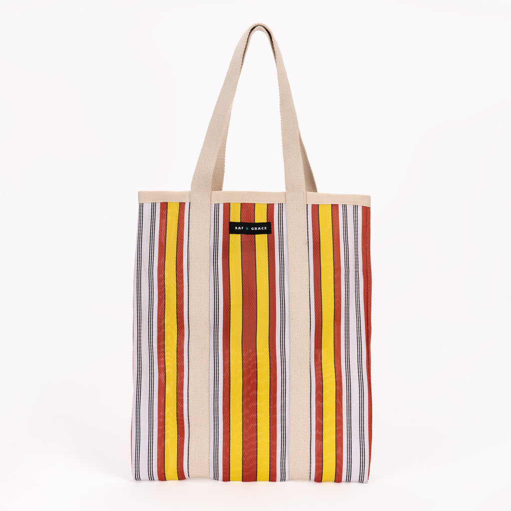 Recycled Plastic Yellow, Red and White Stripe Tote Bag