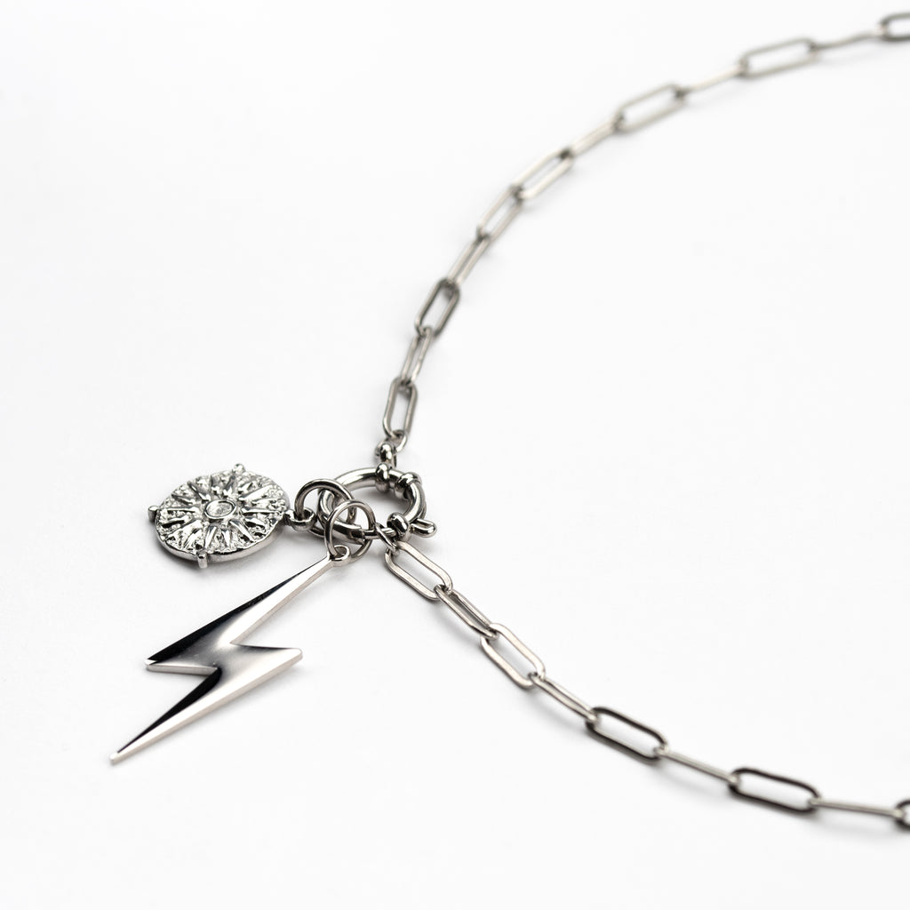 Two Charm Lightning Bolt Stacked Silver Betsy Necklace