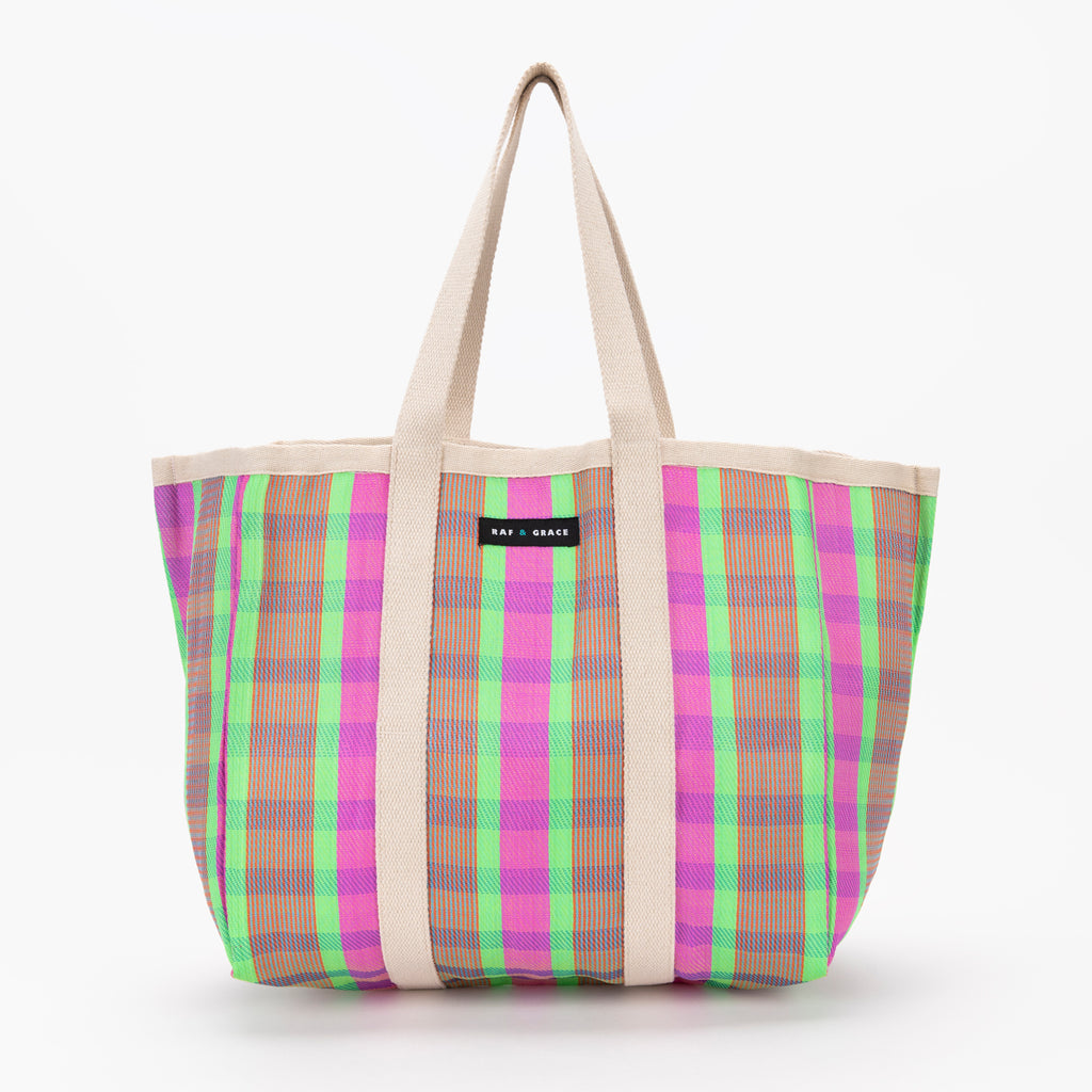 Large Recycled Plastic Bright Pink & Green Stripe Shopper