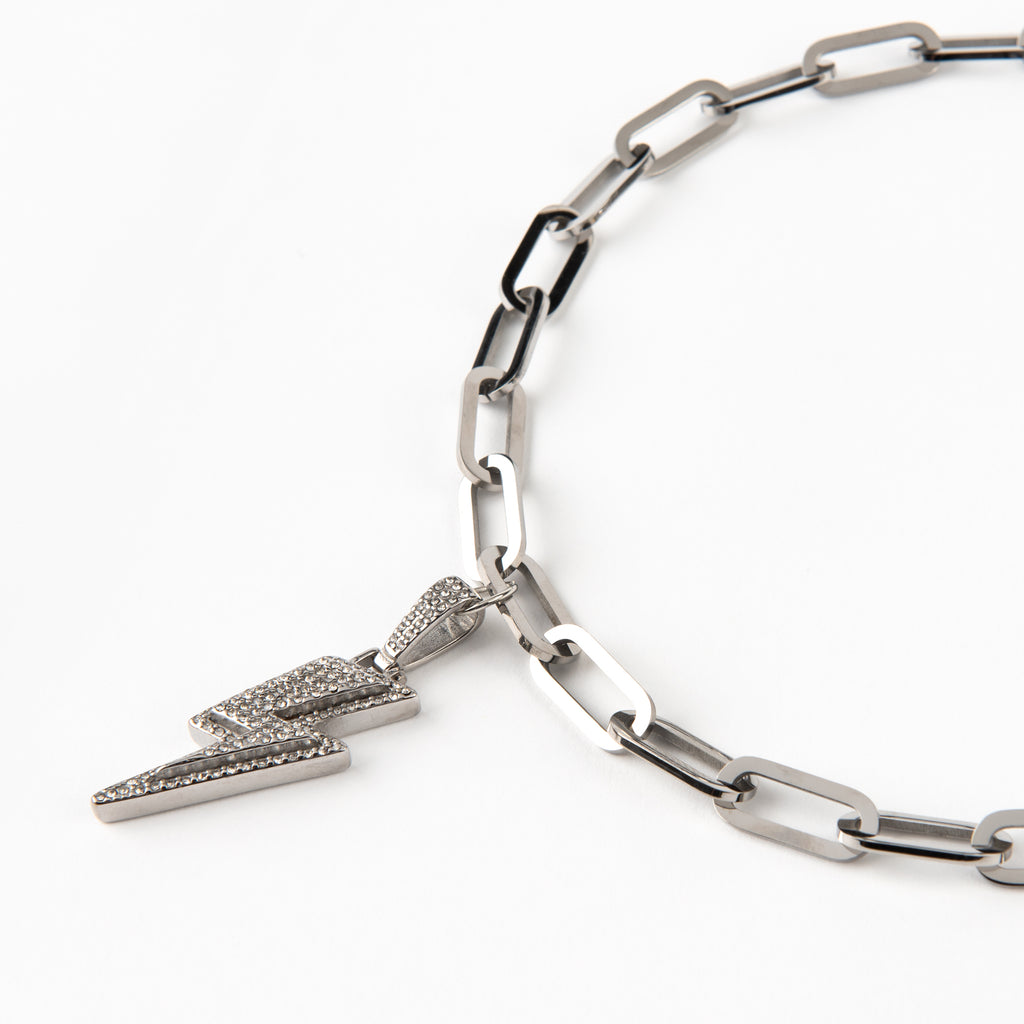 Chunky Silver Rhinestone Lightning Bolt Necklace