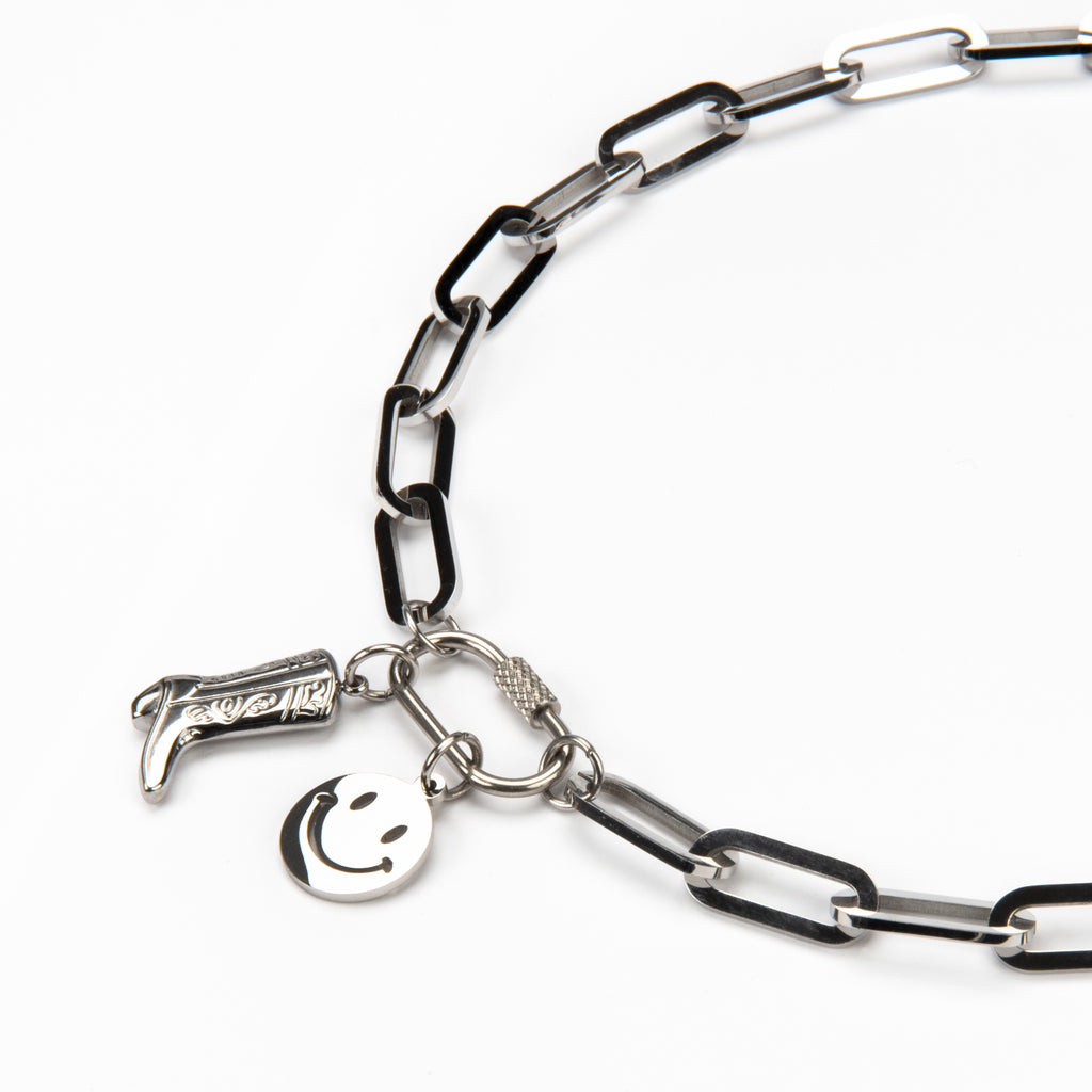 Two Charm Pre Stacked Chunky Silver Carabiner Clip Necklace