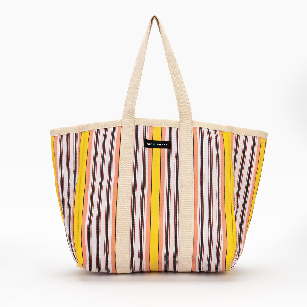 Large Recycled Plastic Yellow, Pale Pink & Black Stripe Shopper
