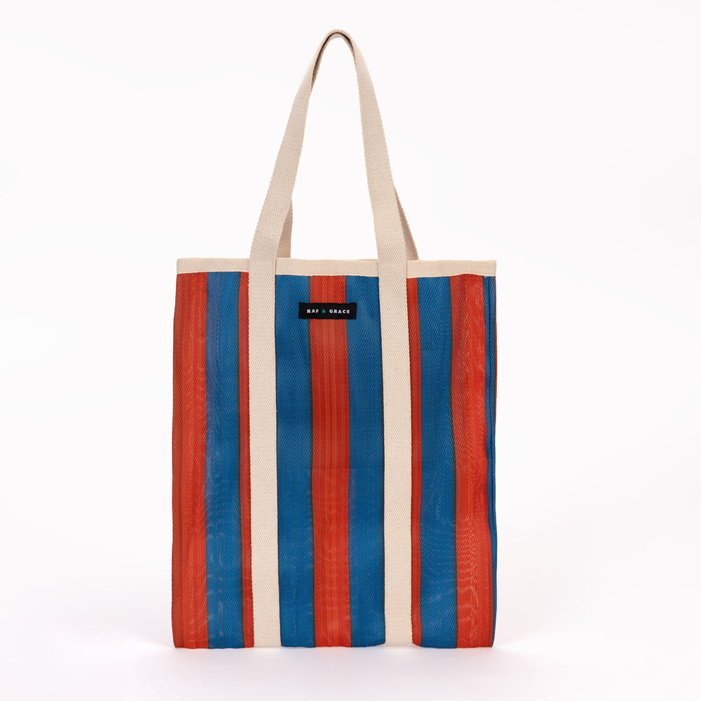 Recycled Plastic Navy and Orange Stripe Tote Bag