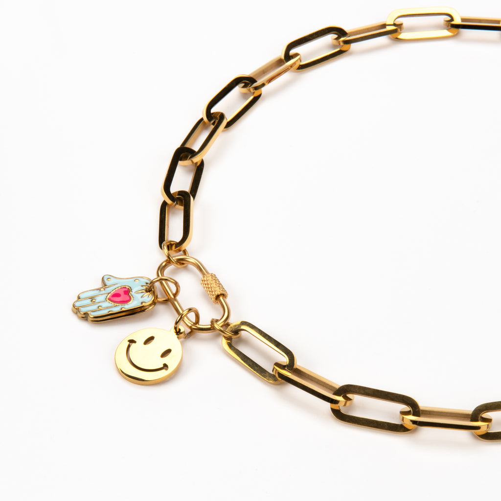 Two Charm Pre Stacked Chunky Gold Plated Carabiner Clip Necklace