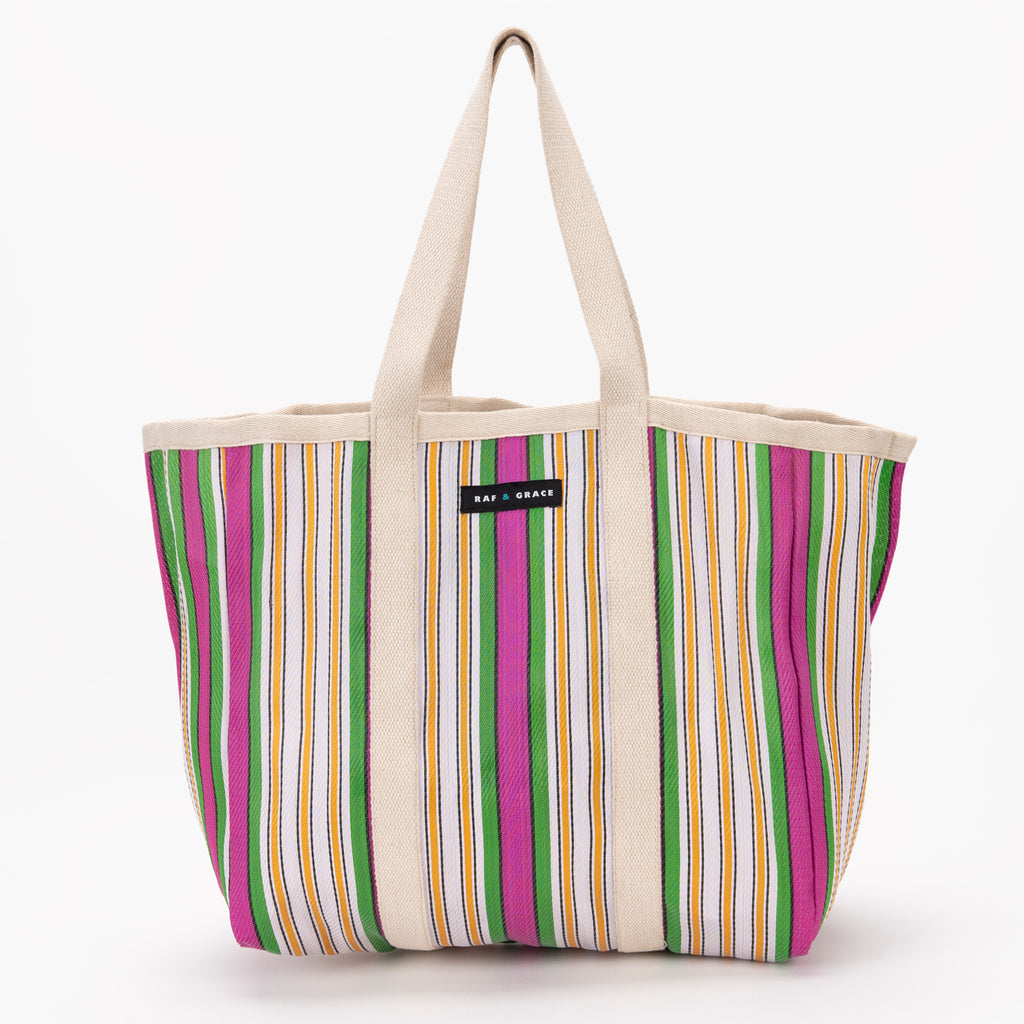 Large Recycled Plastic Pink & Green Stripe Shopper