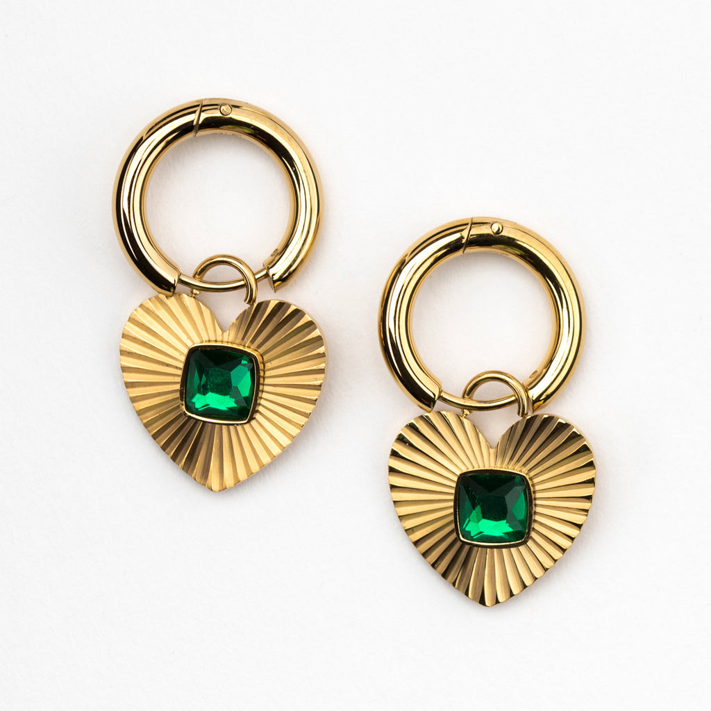 Gold Plated Heart Green Gem Stone Earrings