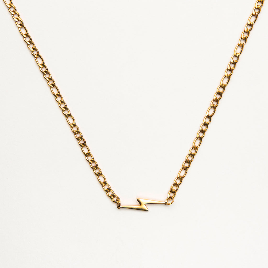 Gold Plated Figaro Chain Lightning Bolt Necklace