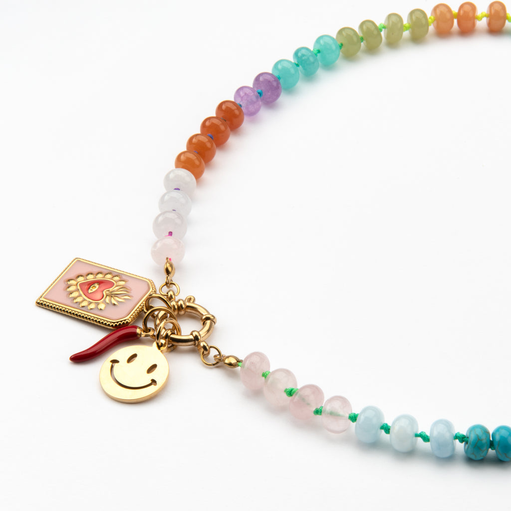 Three Charm Stacked Multi Rainbow Candy Bead Necklace