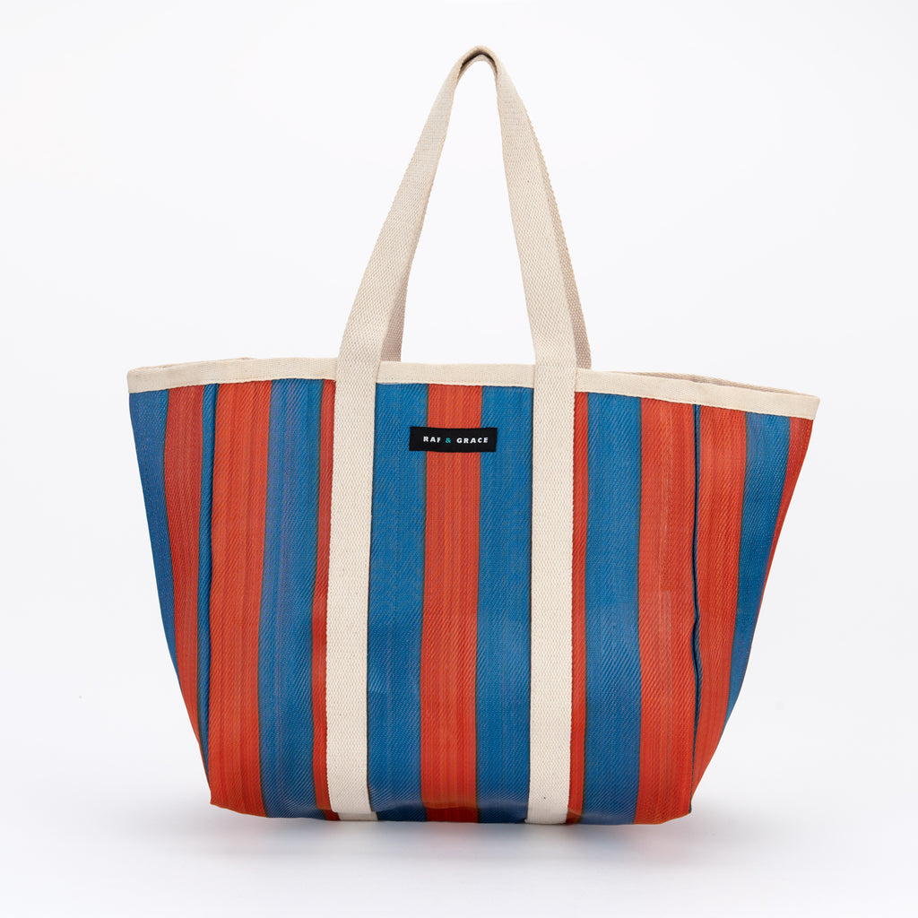 Large Recycled Plastic Navy and Orange Striped Shopper