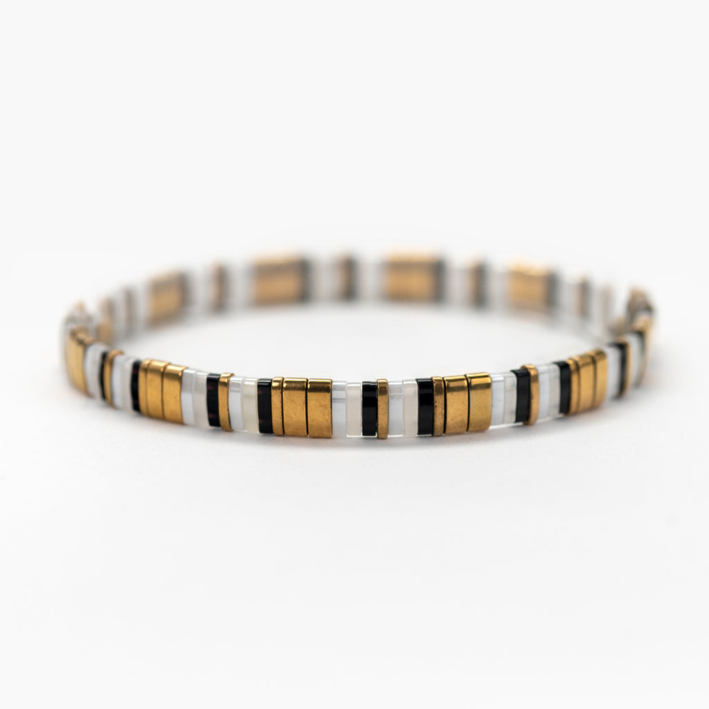 Gold, Black & White Miyuki Tila Beads Bracelet