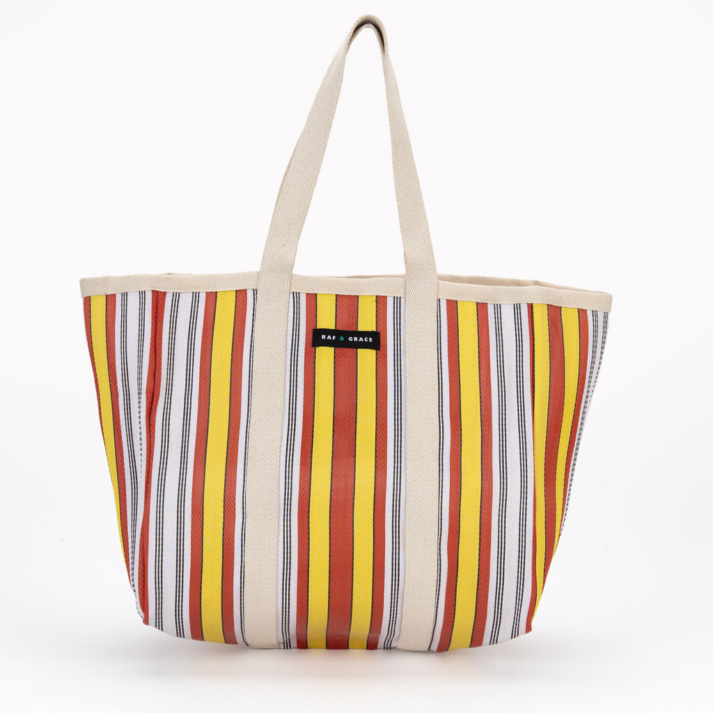 Large Recycled Plastic Yellow Red and White Striped Shopper