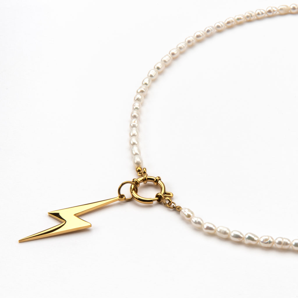 Polly Pearl Lightning Bolt Charm Necklace