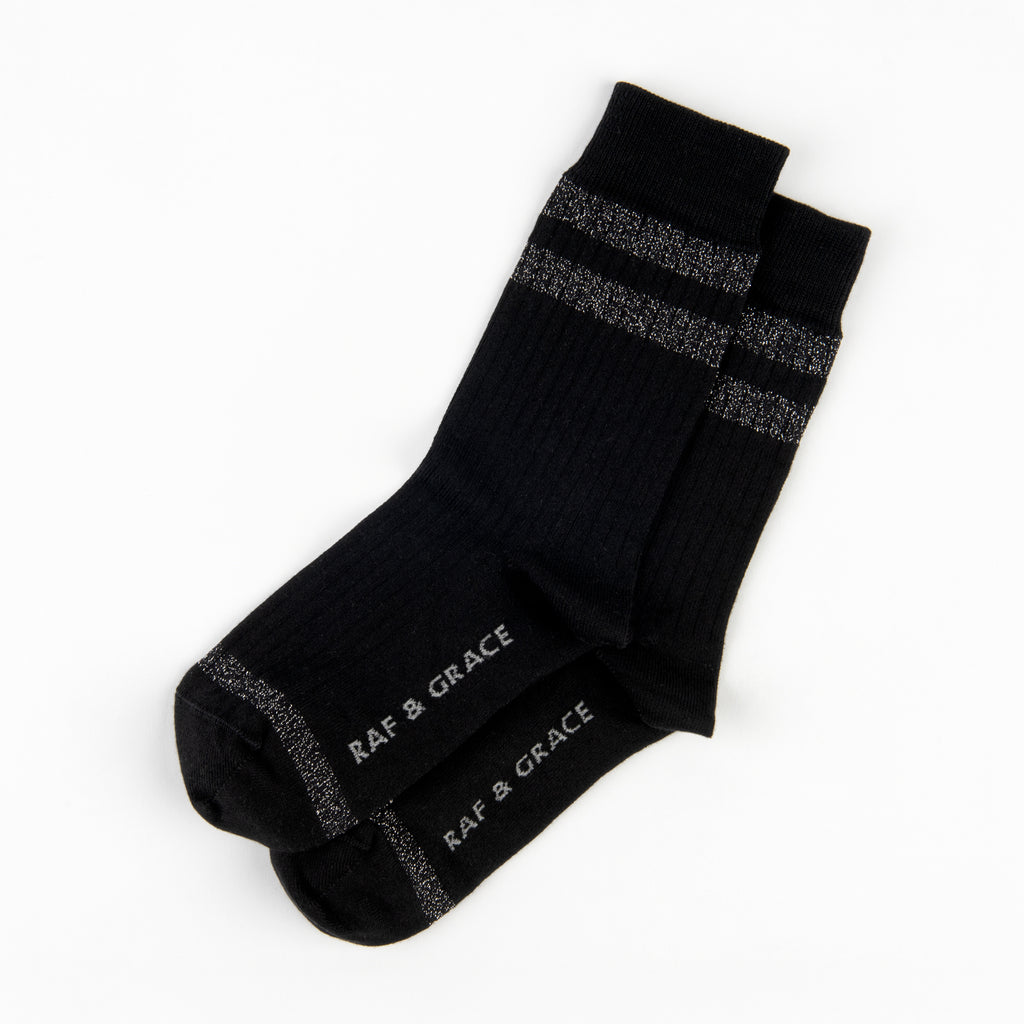 Luxe Cotton Ribbed Socks Black & Silver