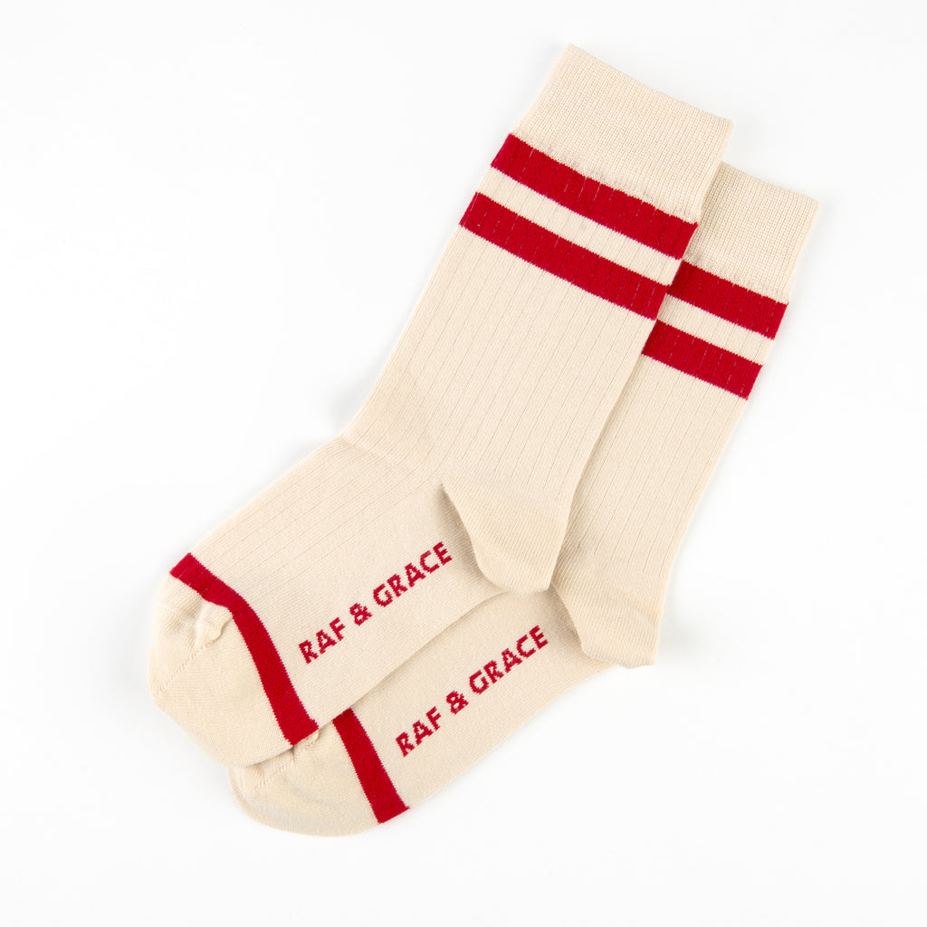 Luxe Cotton Ribbed Socks Ecru & Red