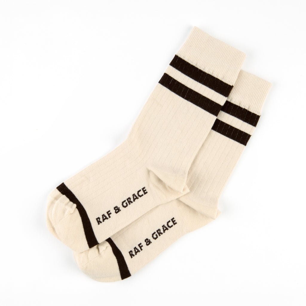 Luxe Cotton Ribbed Socks Ecru & Chocolate Brown