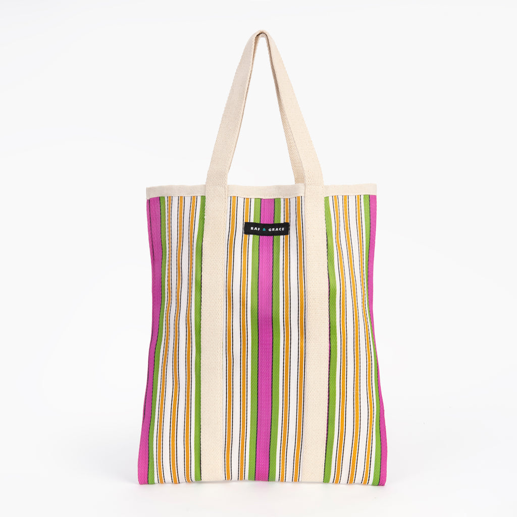 Recycled Plastic Pink and Green Stripe Tote Bag