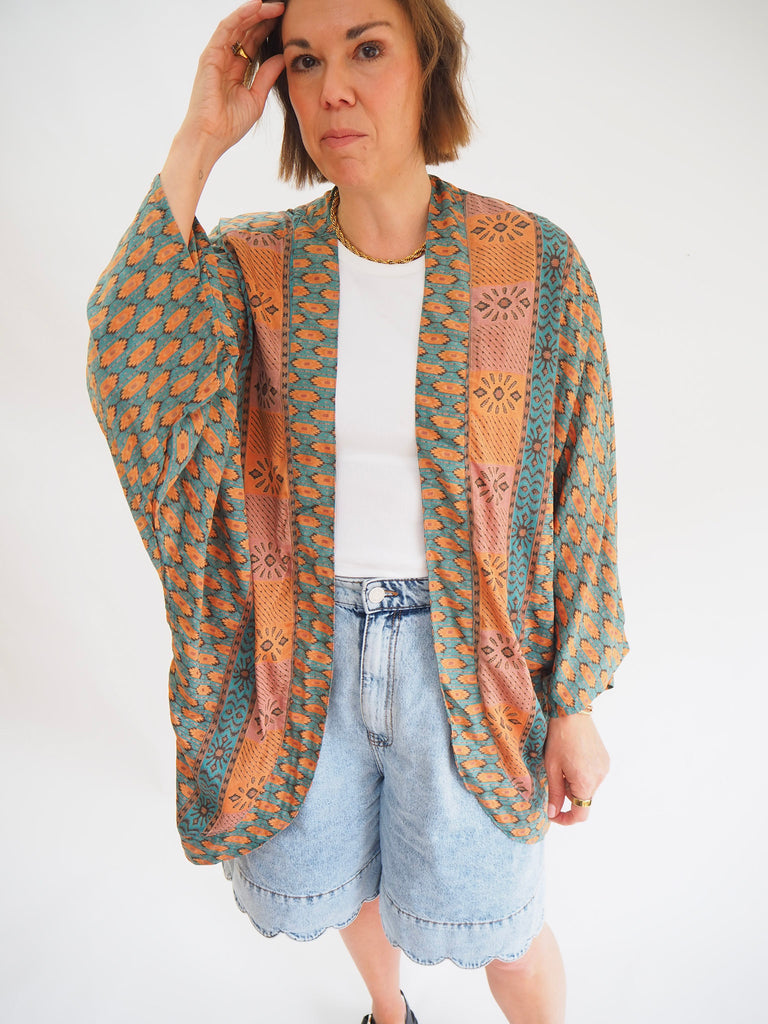 Summer Print Repurposed Sari Silk Short Kimono