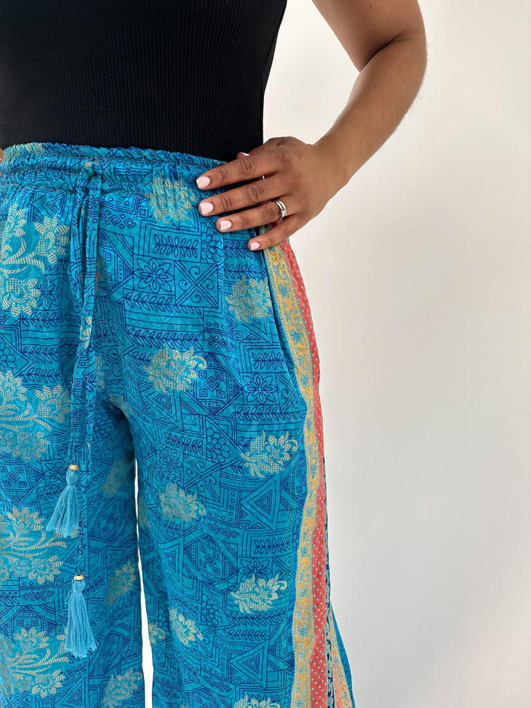 Turquoise Print Repurposed Sari Silk Drawstring Trousers