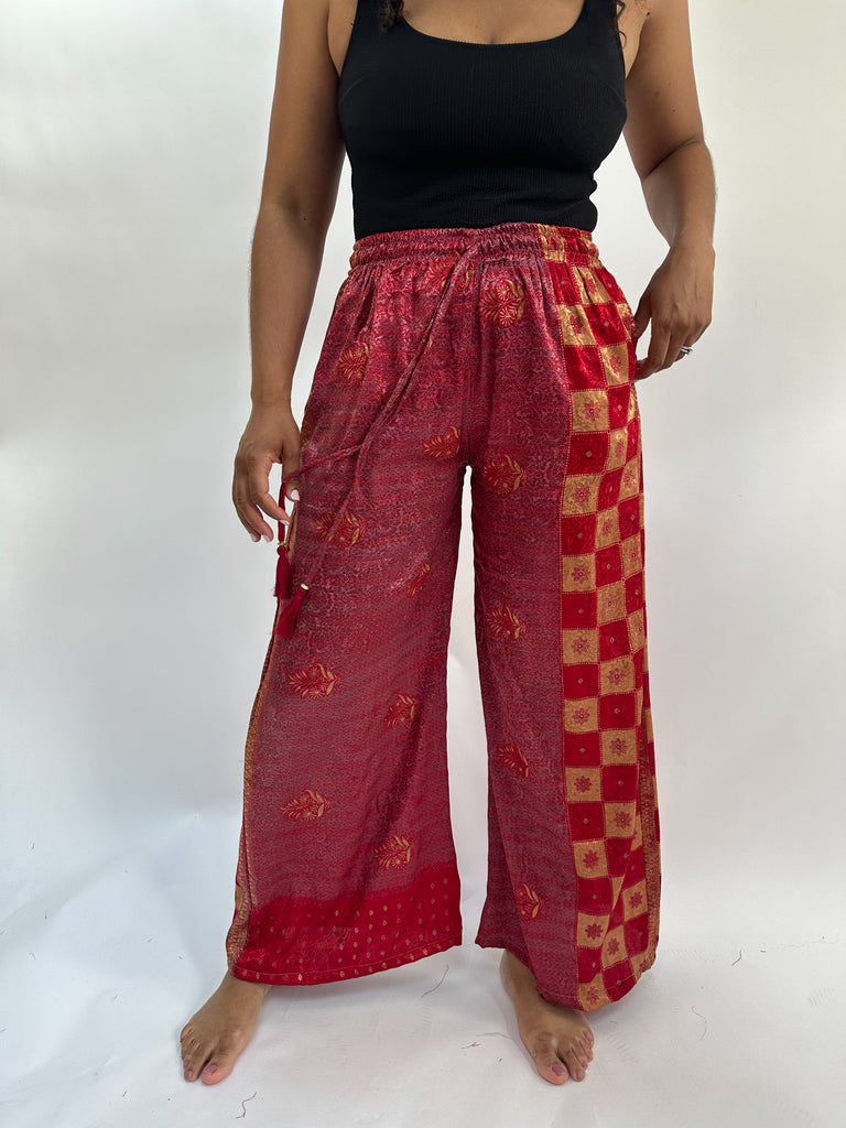 Print Repurposed Sari Silk Drawstring Trousers