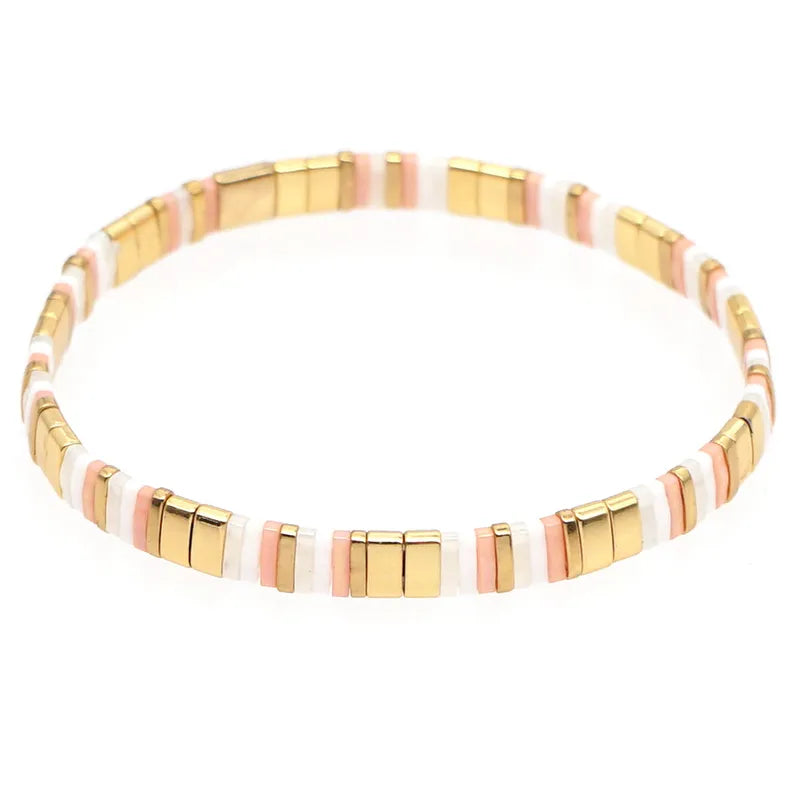 Gold, Pink & White Miyuki Tila Beads Bracelet