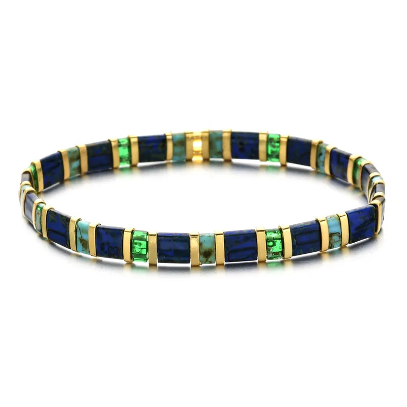 Navy, Green & Gold Miyuki Tila Beads Bracelet