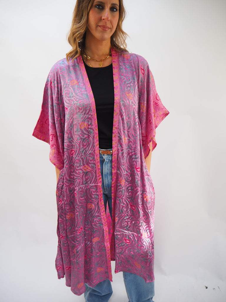 Pink Print Recycled Sari Silk Kimono