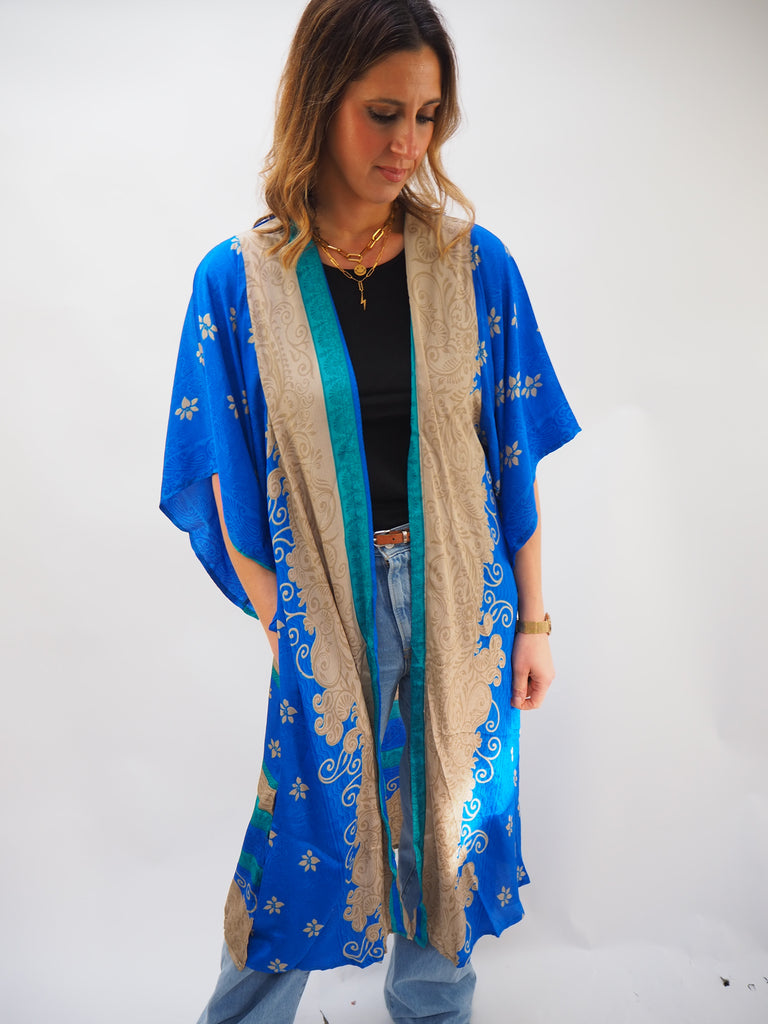 Bright Blue Floral Print Recycled Sari Silk Kimono
