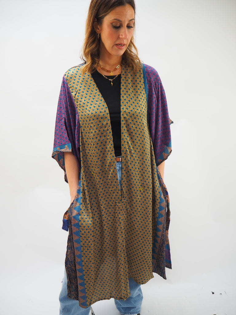 Olive Green Mixed Print Recycled Sari Silk Kimono