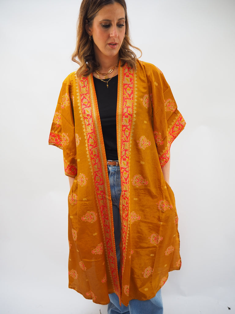 Golden Orange Print Recycled Sari Silk Kimono