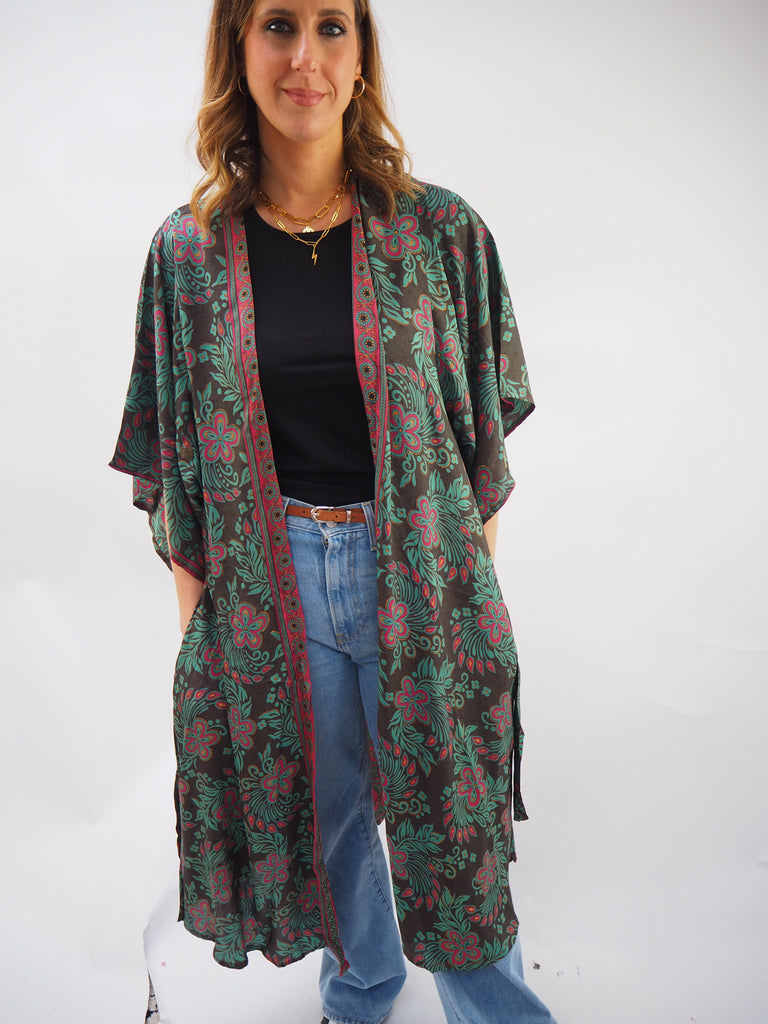 Brown Floral Print Recycled Sari Silk Kimono