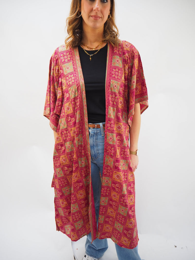 Red Square Print Recycled Sari Silk Kimono