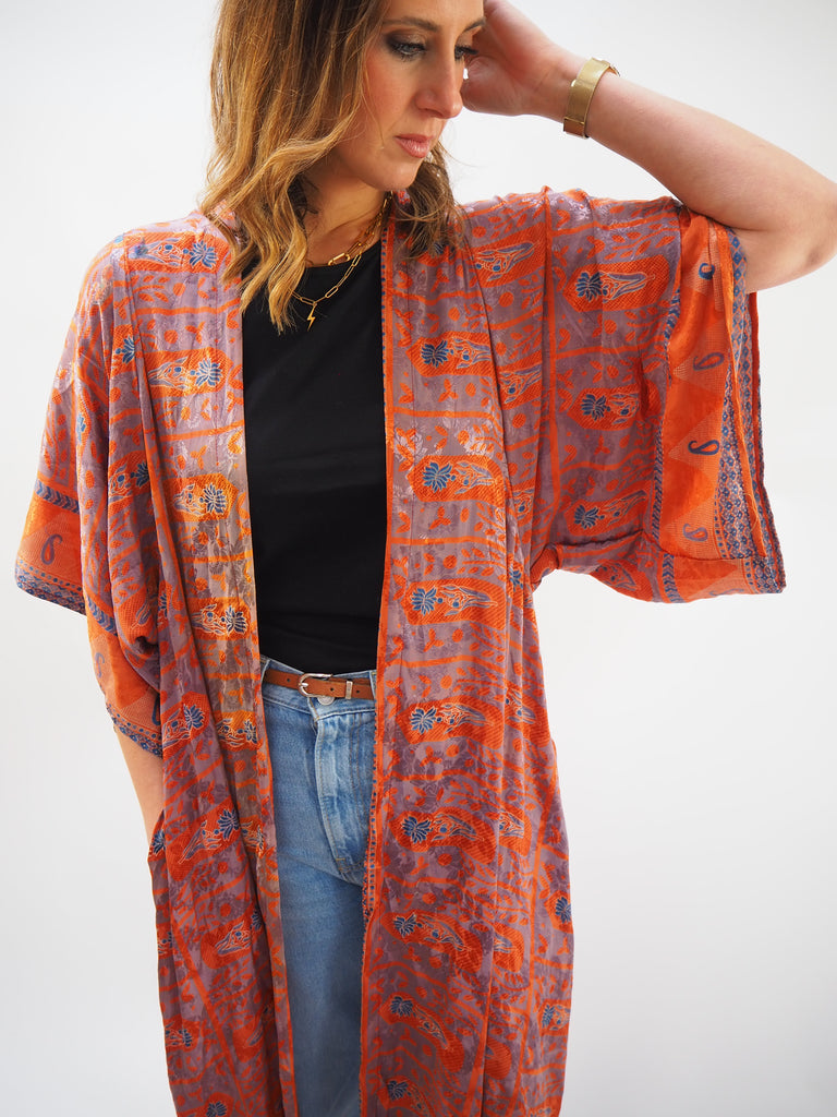 Orange Print Recycled Sari Silk Kimono