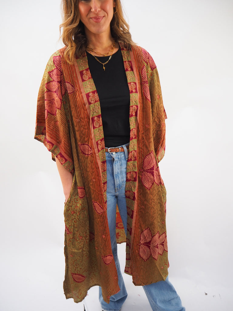 Mixed Leaf Print Recycled Sari Silk Kimono
