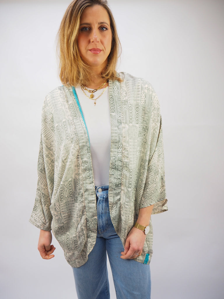 Neutral Tile Print Repurposed Sari Silk Short Kimono