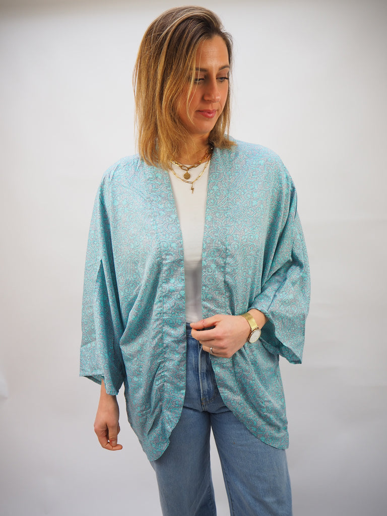Pale Blue & Grey Print Repurposed Sari Silk Short Kimono
