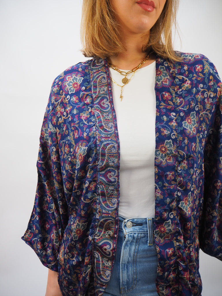 Navy Floral Print Repurposed Sari Silk Short Kimono
