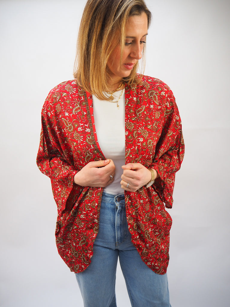 Red Floral Print Repurposed Sari Silk Short Kimono