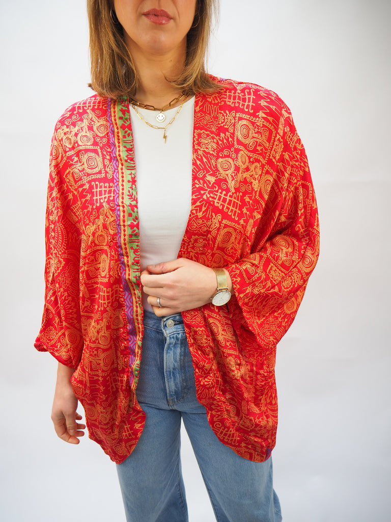 d Print Repurposed Sari Silk Short Kimono