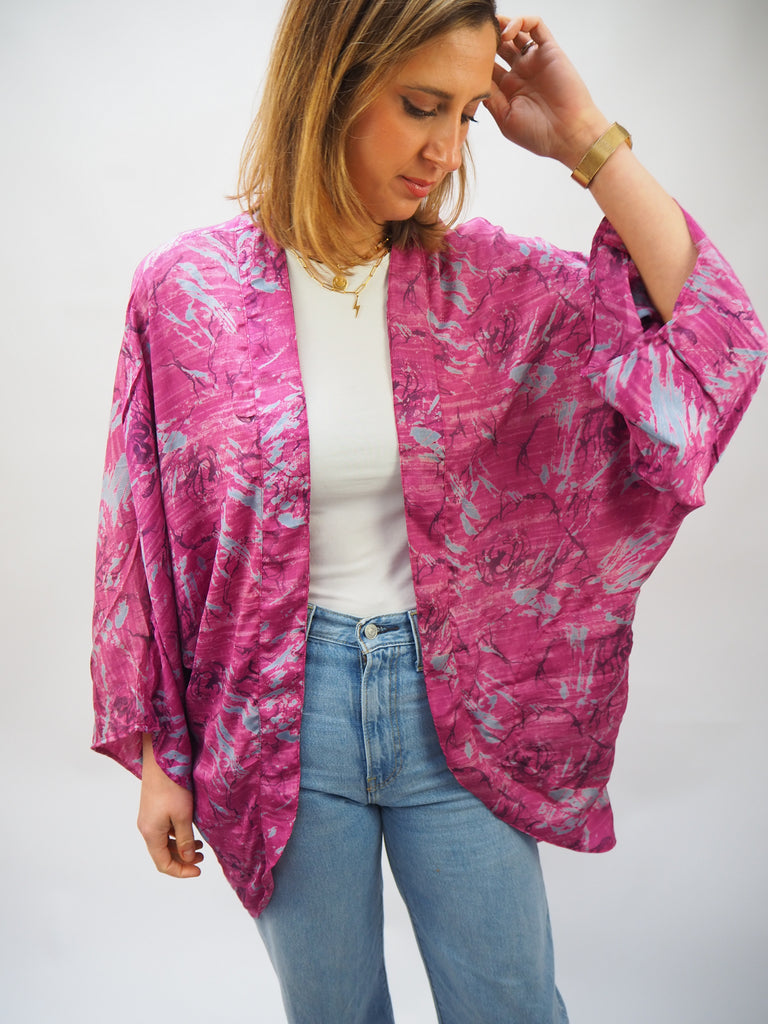 Pink Print Repurposed Sari Silk Short Kimono