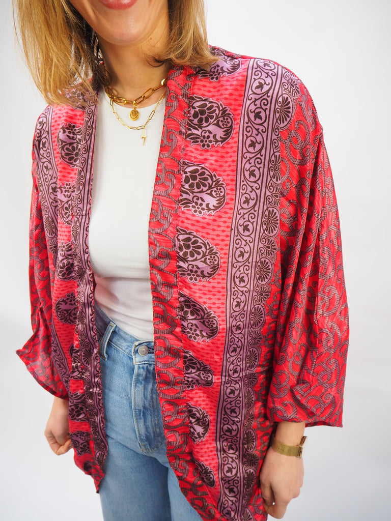 Pink Border Print Repurposed Sari Silk Short Kimono