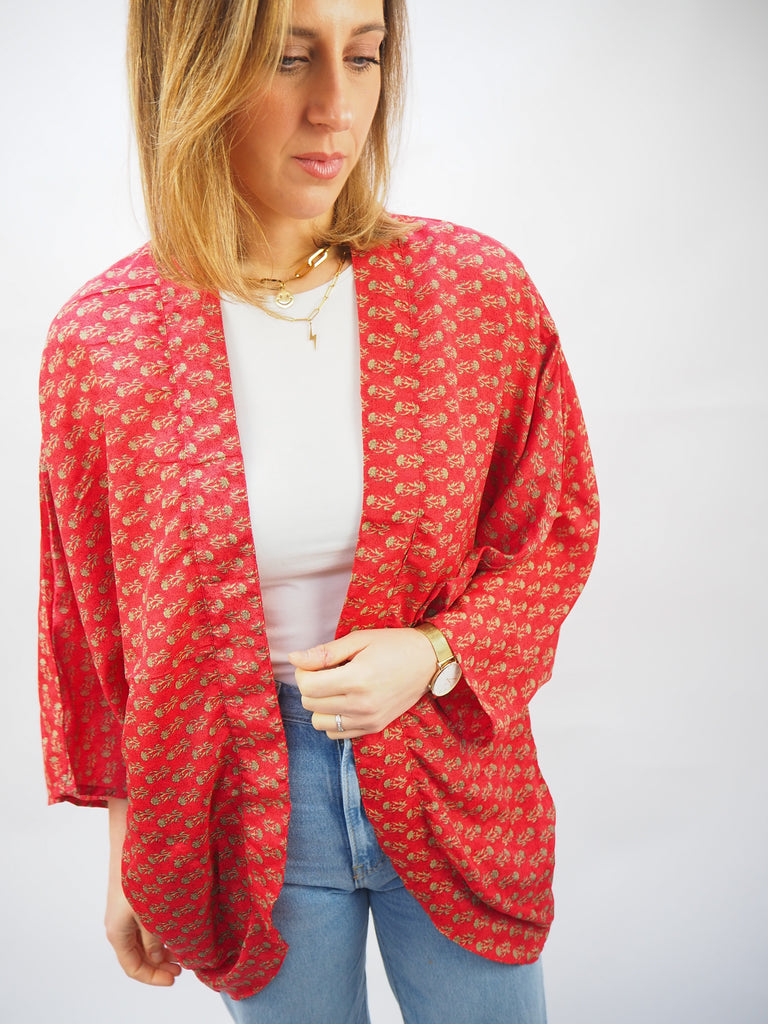 Red Micro Print Repurposed Sari Silk Short Kimono