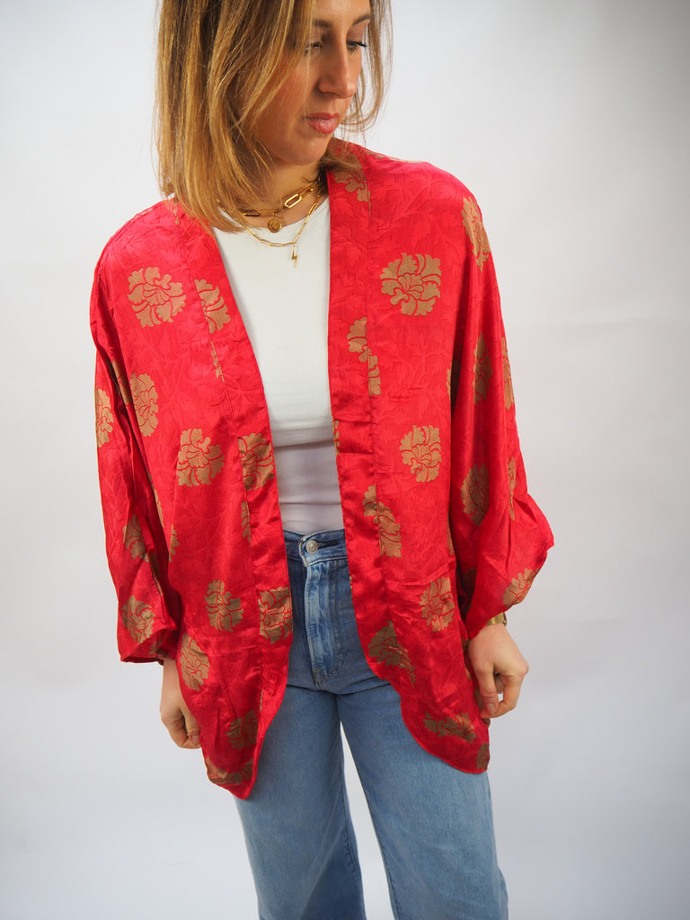 Red Flower Print Repurposed Sari Silk Short Kimono
