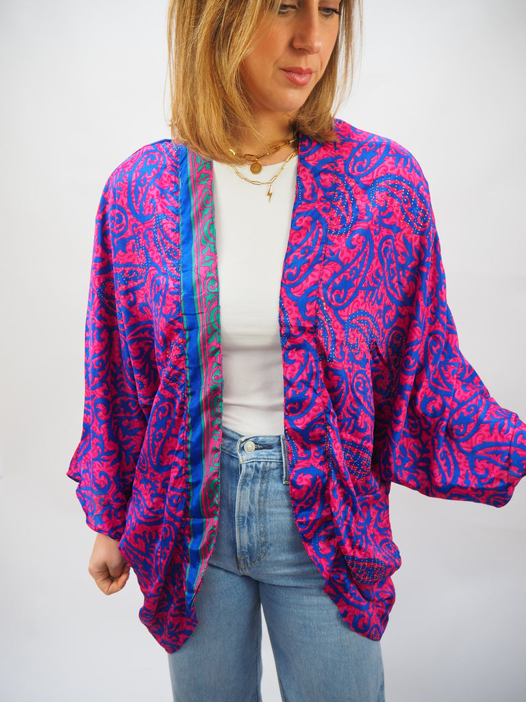 Pink and Blue Bold Print Repurposed Sari Silk Short Kimono