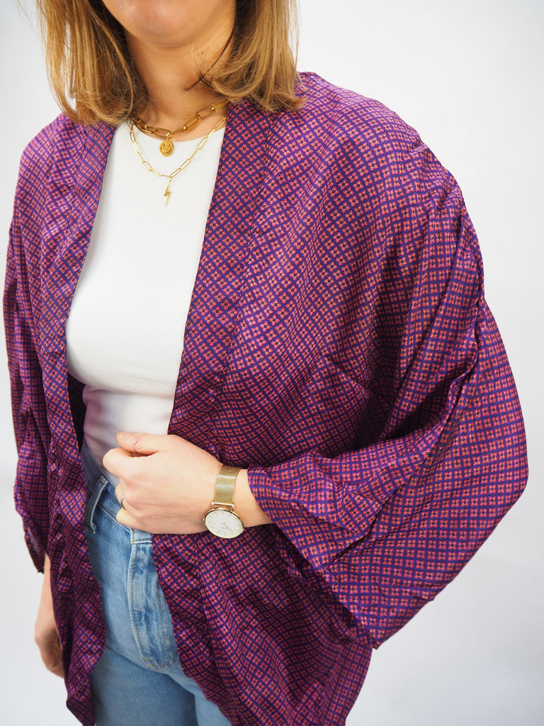 Purple Micro Print Repurposed Sari Silk Short Kimono