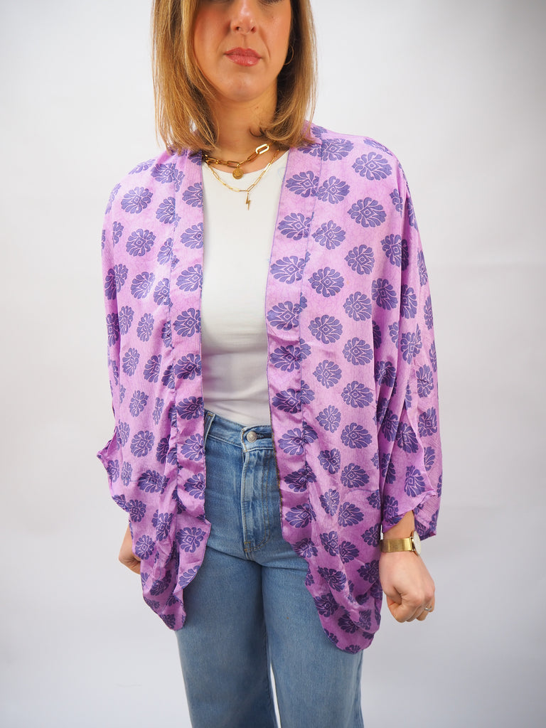 Lilac Print Repurposed Sari Silk Short Kimono