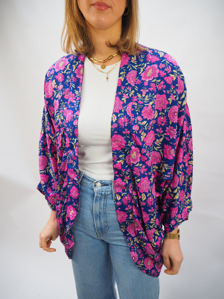 Pink Vintage Floral Print Repurposed Sari Silk Short Kimono