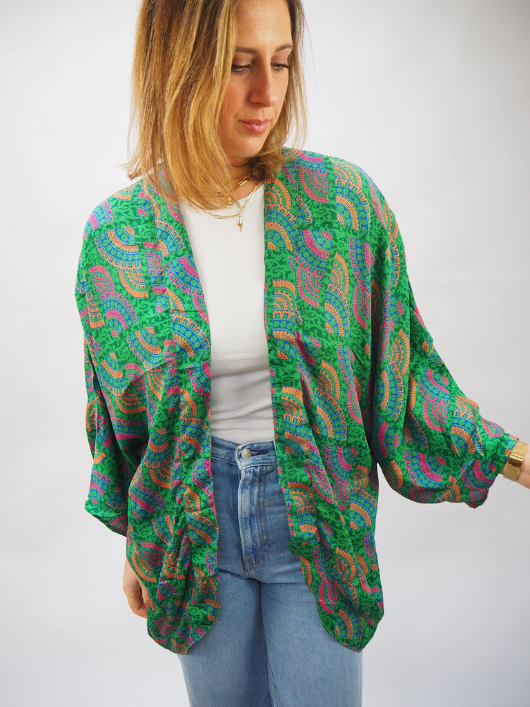Green Multi Print Repurposed Sari Silk Short Kimono