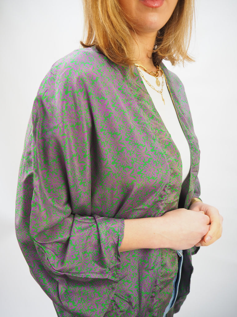 Green and Purple Micro Print Repurposed Sari Silk Short Kimono